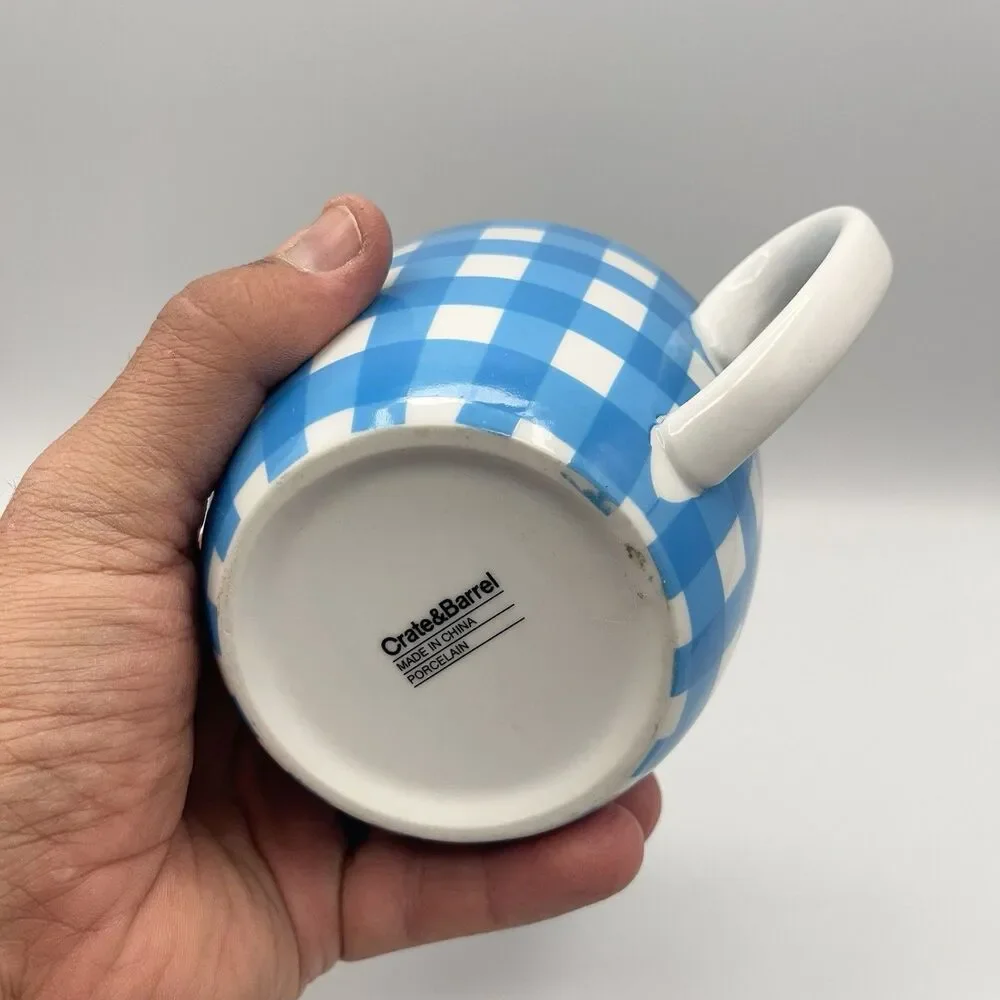 Crate & Barrel Coffee Mug Cup Gingham Plaid Blue White